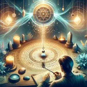 An-illustration-for-a-workshop-on-discovering-magnetism-and-pendulum-use.-The-image-shows-a-person-holding-a-pendulum-over-a-table-with-mystical-symbo