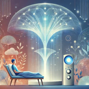 An-illustration-of-a-Dream-Machine-session-showing-a-person-sitting-comfortably-in-a-serene-environment-with-soft-calming-lights-surrounding-them