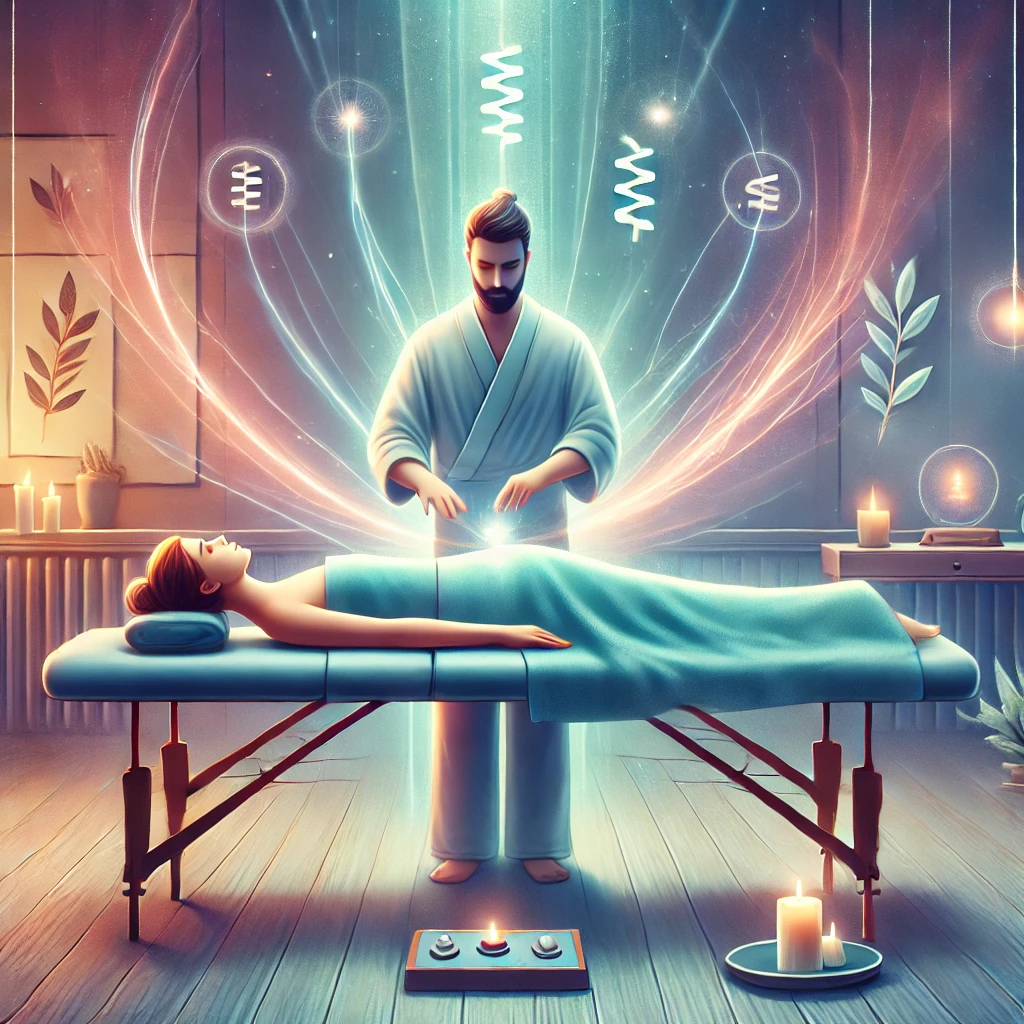 An-illustration-of-a-magnetism-healing-session-showing-a-person-lying-down-on-a-massage-table-while-a-practitioner-channels-energy-through-their-hand