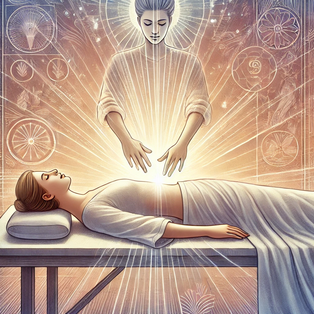 An-illustration-of-a-Lahochi-healing-session-featuring-a-serene-and-mystical-setting.-A-person-lies-on-a-treatment-table-fully-clothed